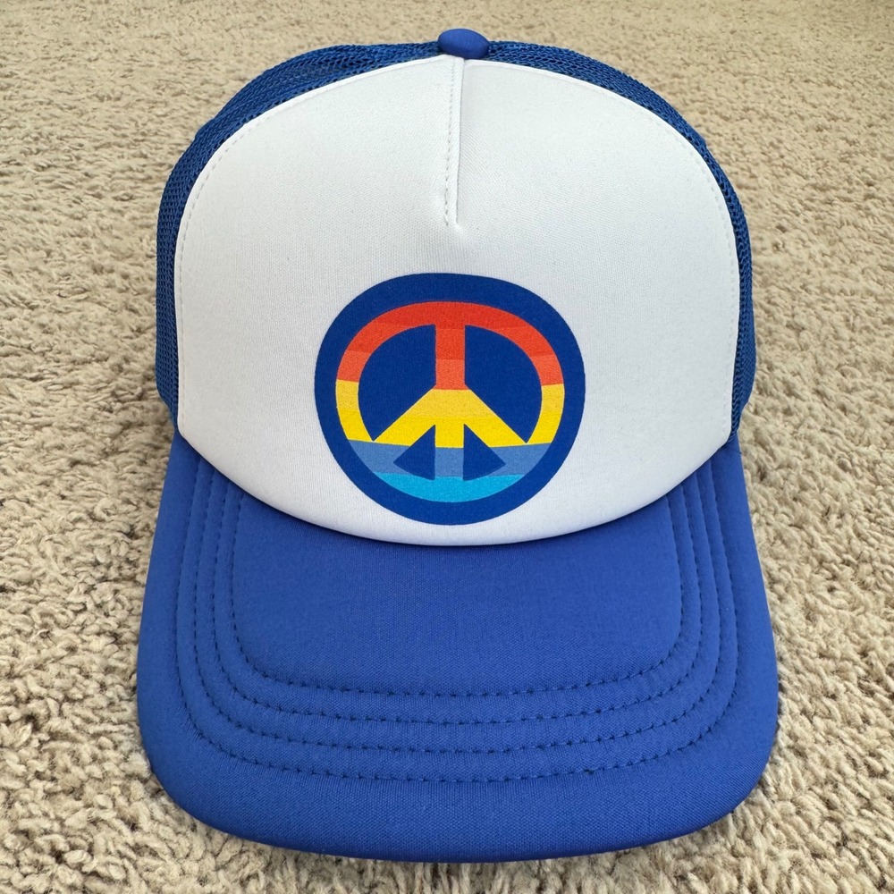 Rainbow Peace Sign Hat Blue White Basic Foam Mesh Trucker Snapback Cap NWT